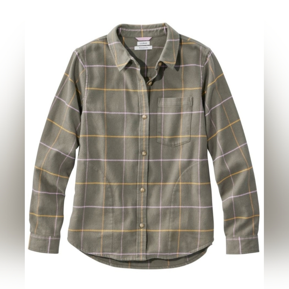 L.L. Bean Olive Plaid Flannel Shirt, 100%cotton, Nwt, Packets On The Side